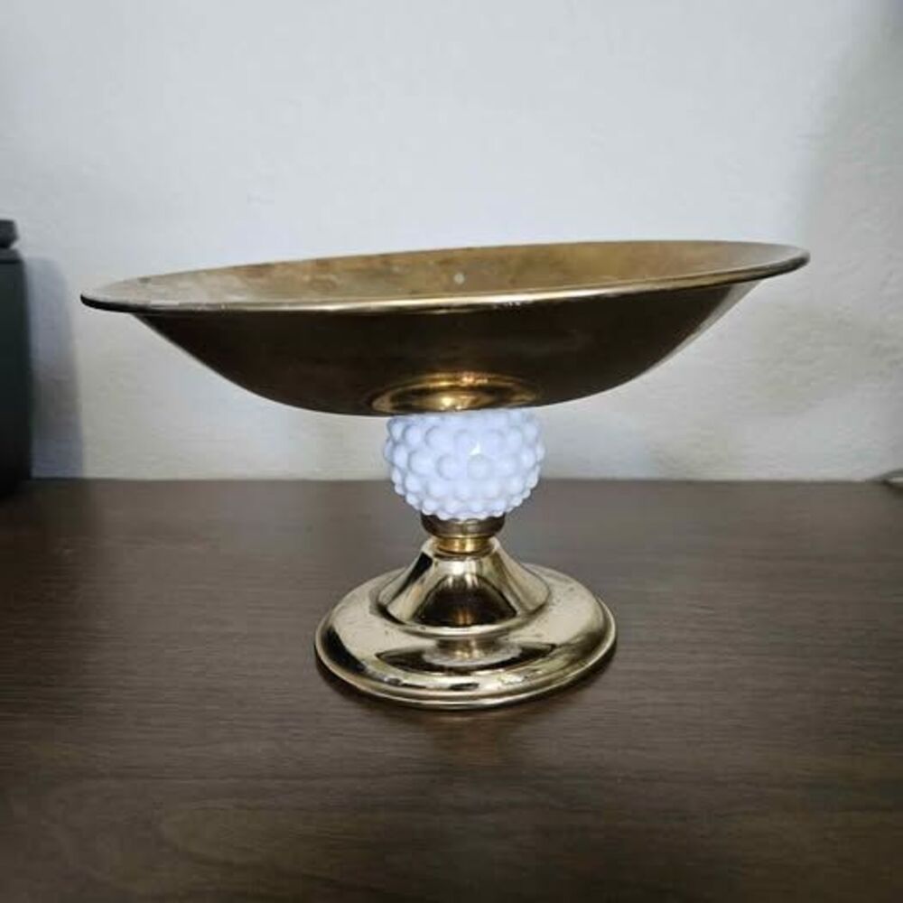 Vintage Japan Brass Tone Compote Bowl w/ White Hobnail Milk Glass Pedestal